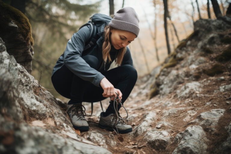 Dámske turistické topánky položené na lesnom chodníku počas túry.