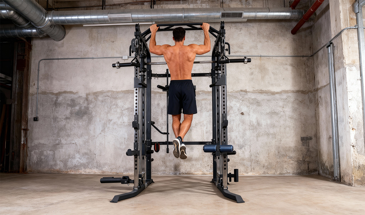 Domáca posilňovňa s lavičkou, kladkami a posilňovacou vežou.